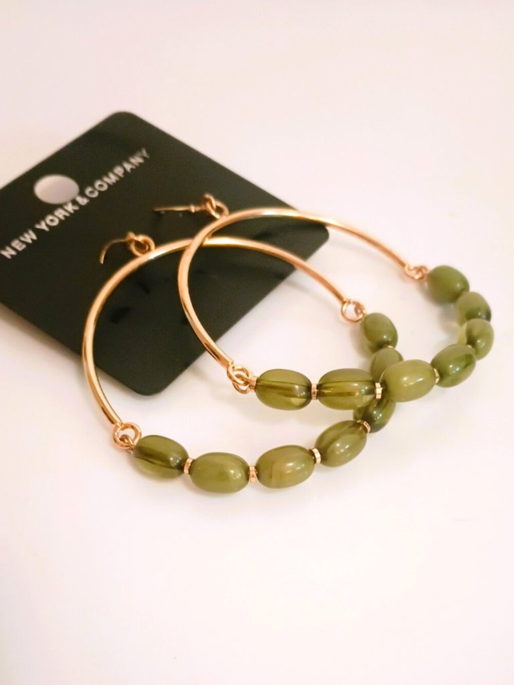 NY & Co Green Beaded Hoop Earrings Gold Tone Wire Drop Flexible Boho Dangles